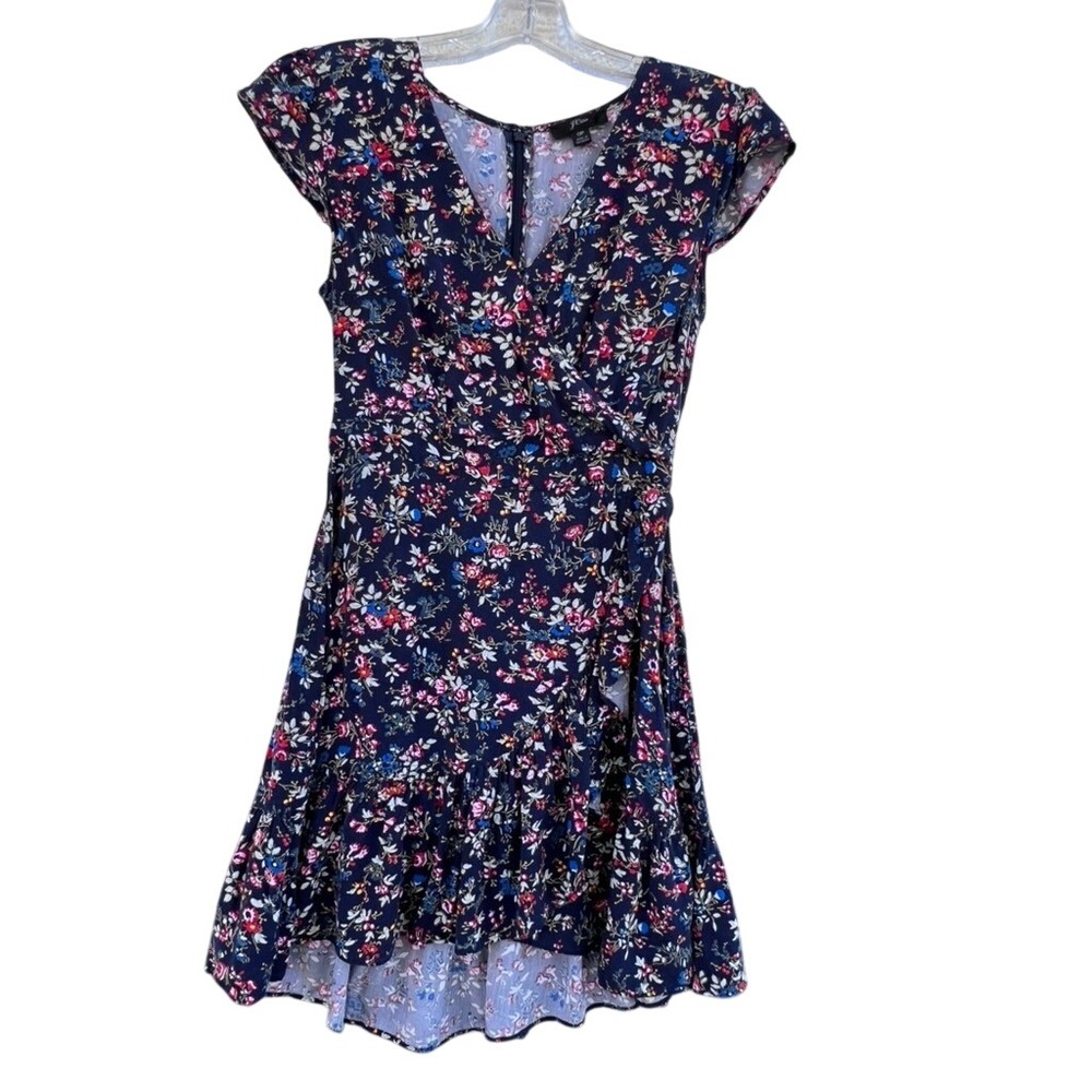 J.Crew Petite Faux Wrap Floral Ruffle High Low‎ Dress Navy Blue sz 0P L4272 SU19